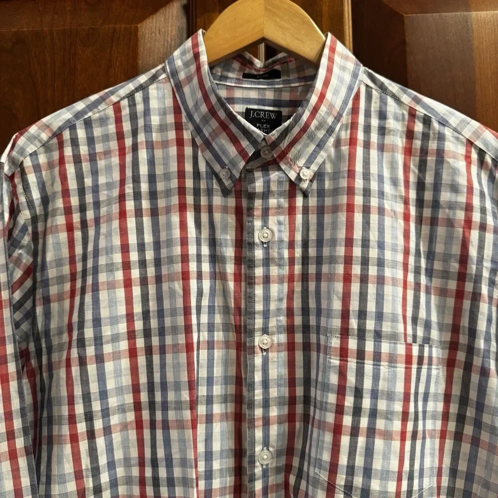 J.Crew Flex Washed Plaid Button Down Shirt Red Blue White Gingham Shirt XL